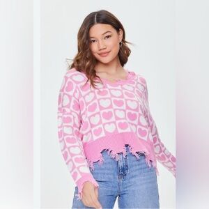 Just Polly Chic Pink Heart V-Neck Destructed Sweater size L